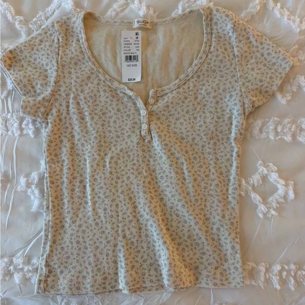 Brandy Melville White Floral Button-Up Top
